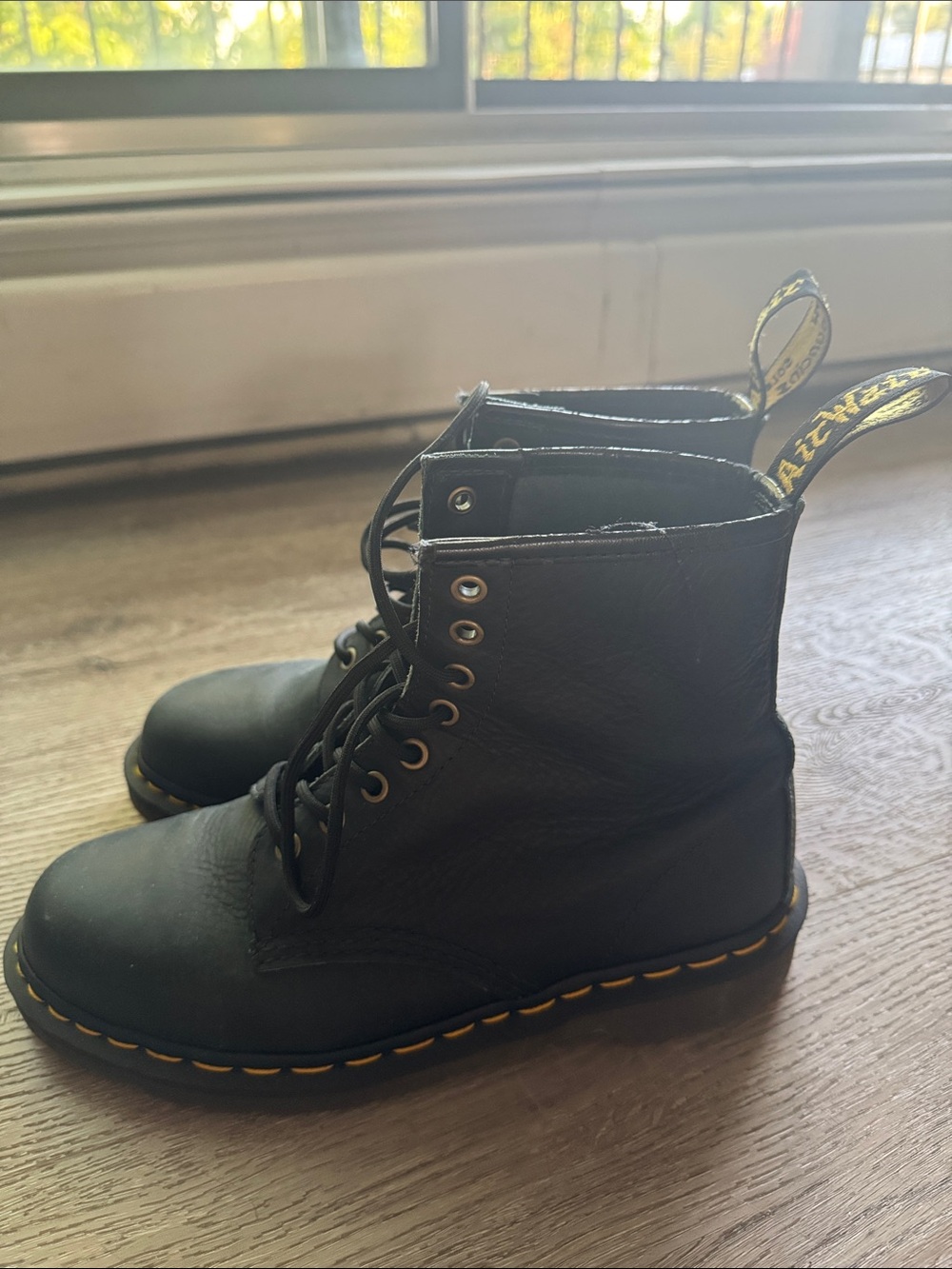 Dr. Martens Black Leather Lace-Up Boots with Yellow Stitching - Picture 3 of 6
